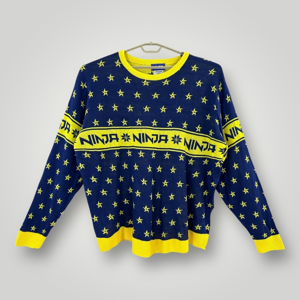 NEW Ninja Sweater Mens 3XL‎ Blue Yellow Star Pattern Ugly Christmas Acrylic NWT